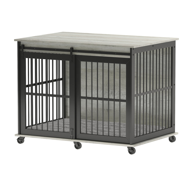 Furniture dog crate sliding iron door dog crate with mat. (Rustic Brown, Grey, 43.7''W x 30''D x 33.7''H)