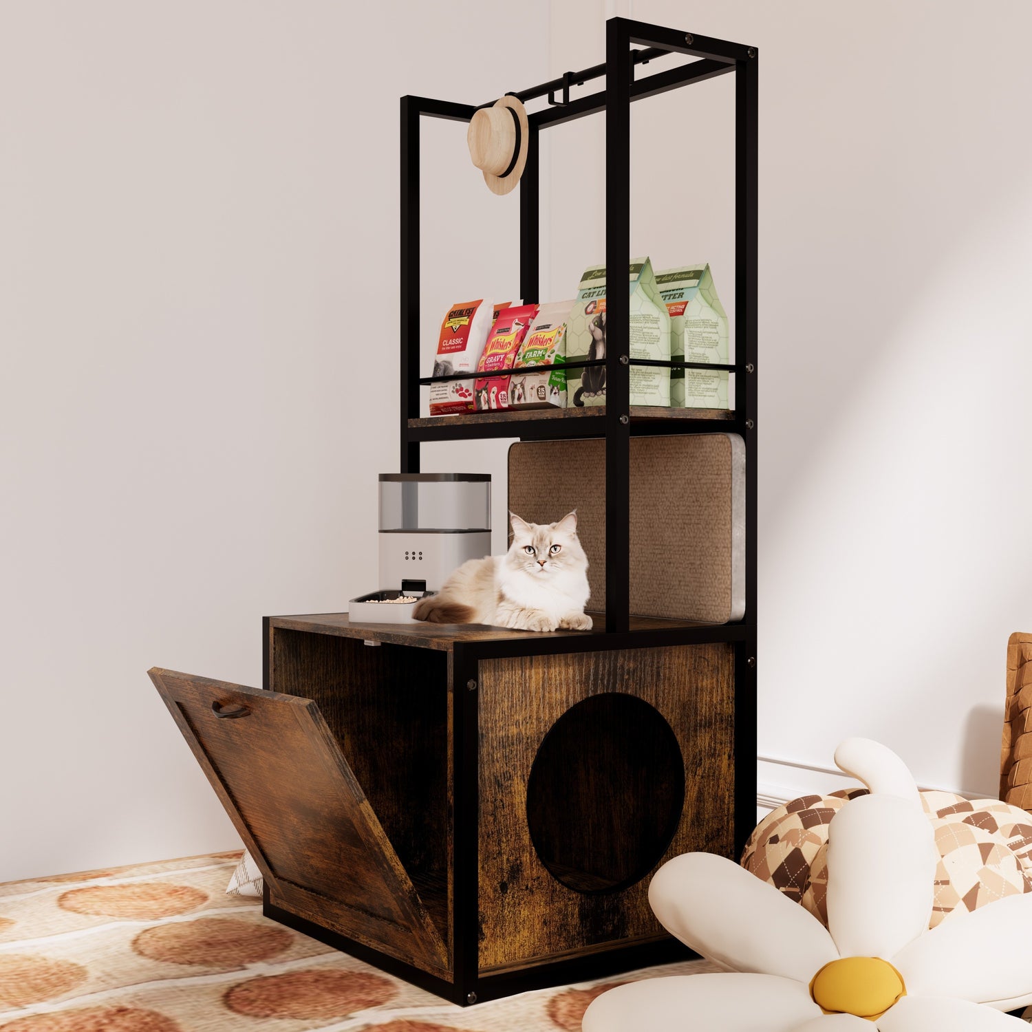 55'Refined Litter Box Enclosure with Storage Shelves and 2 Hanging Clothes Rack, 4-in-1 Hidden Cat Litter Box Enclosure Furniture with Shelf, Reversible Entrance,Rustic Brown