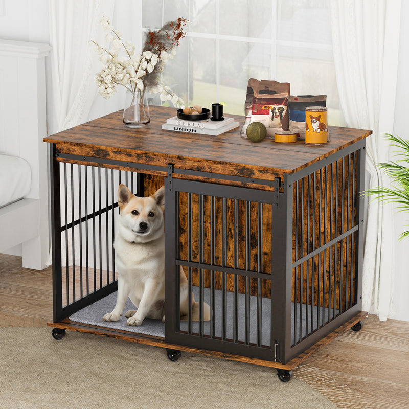 Furniture dog crate sliding iron door dog crate with mat. (Rustic Brown, Grey, 43.7''W x 30''D x 33.7''H)