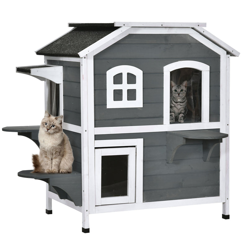 2-story Cat House Outdoor, Weatherproof Wooden Cat Enclosure for Feral Cats with Escape Door, Openable Roof, Jumping Platforms, Gray