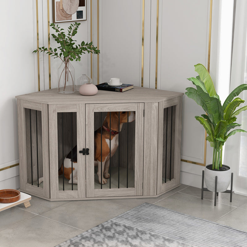 Corner Dog Crate Furniture, End Table Dog Kennel Furniture with Cushion, Pet Crate for Large-Sized Dog Indoor Use, Walnut Brown