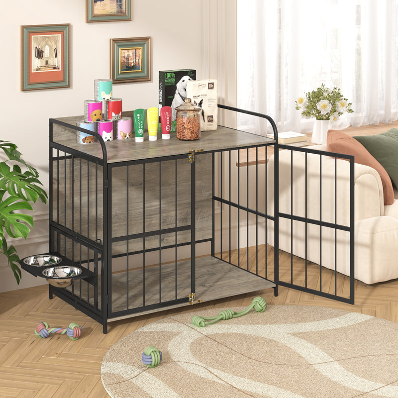 Heavy Duty Dog Crate Furniture for Medium Dog with Lockable Wheels, Wooden Dog Crate Dog Kennel, End Table Crate with Double layer storage, Grey, Brown