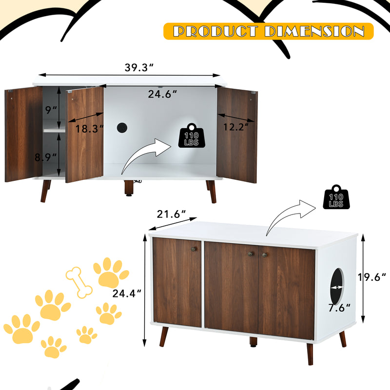 Cat Litter Box Furniture with Hidden Plug, 3 Doors,Indoor Cat Washroom Storage Bench Side Table Cat House, Large Wooden Enclused Litter Box House