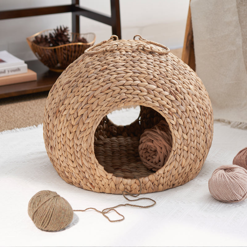 Water Hyacinth Woven Wicker Round Cat Bed Cave with Handles - 18" x 18" x 18" - For Any Size Cat Breeds, Chihuahua and Use with Cat Tower