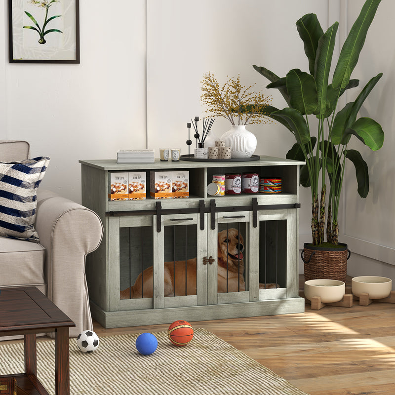 Dog Crate Furniture for Large Dogs or Double Dog Kennel for Small Dogs with Shelves, Sliding Doors, 47" x 23.5" x 35", Gray