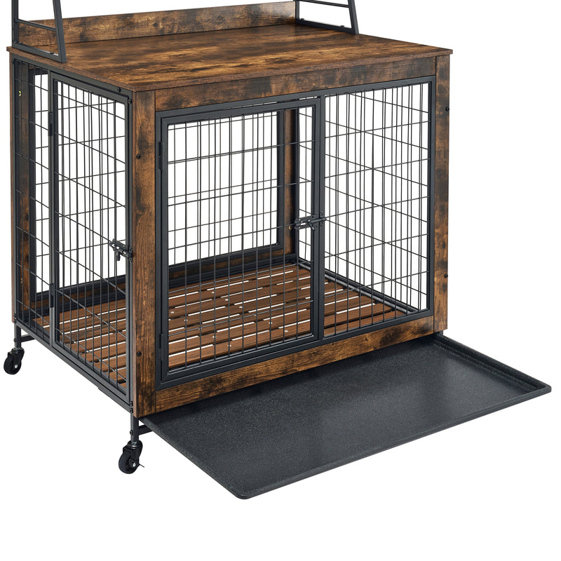 Furniture type dog cage iron frame door with cabinet, two door design, Rustic Brown, 37.99"WX27.36"DX59.92"H