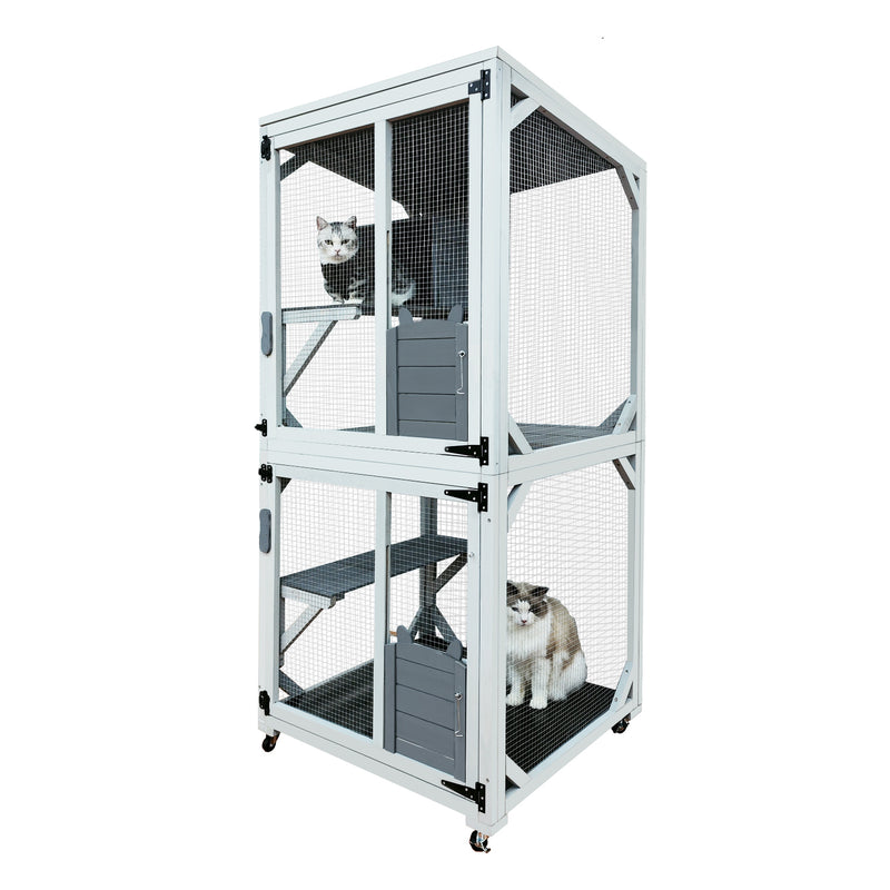 30.7"  Wooden Catio Outdoor Cat Enclosure, Luxury Cat House on Wheels with Napping House, 4 Platforms & Weatherproof Asphalt Roof, Large Kitty Cat Condo Cage Shelter Playpen with Sliding Doors