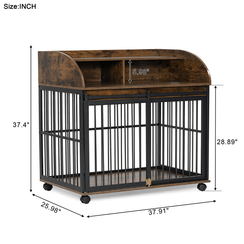Heavy Duty Dog Crate Furniture for Medium Dog with Lockable Wheels, Wooden Dog Crate Dog Kennel, End Table Crate with Double layer storage, Grey, Brown