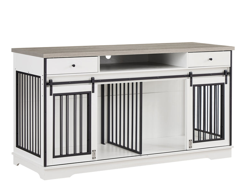 Super large TV cabinet dog crate dog cage with 2 drawers End table, dog cage can keep two dogs. White & Grey, 66.1'' W x 23.6'' D x 36'' H.