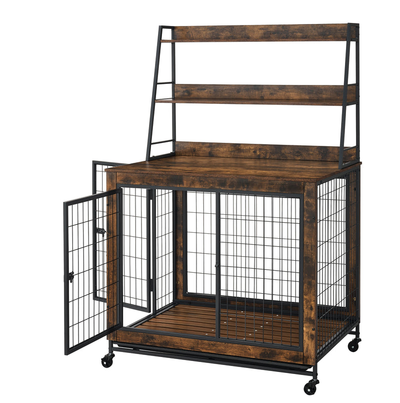 Furniture type dog cage iron frame door with cabinet, two door design, Rustic Brown, 37.99"WX27.36"DX59.92"H