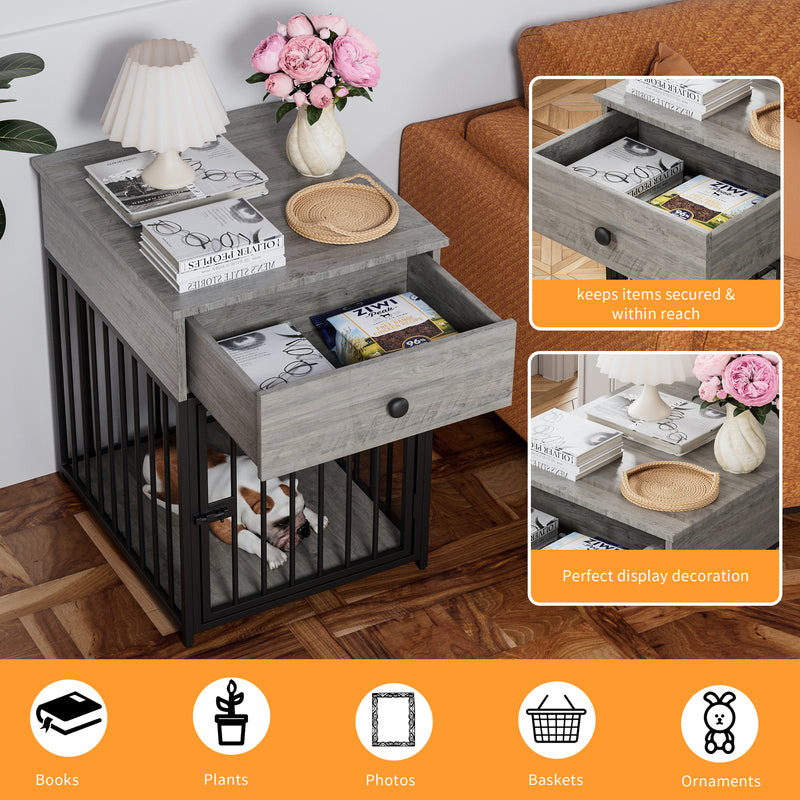 Dog Crate Furniture, Dog House, Decorative Dog Kennel with Drawer, Indoor Pet Crate End Table for Small Dog, Iron-Tube Dog Cage, Chew-Proof