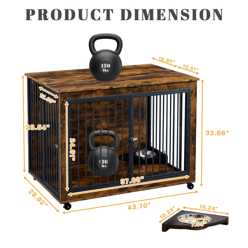 44inch Brown Furniture Dog Crate for Large Dogs with 180° Rotatable Bowl, Multi-Functional Dog Crate End Table with Wheels Flip-up Top Opening