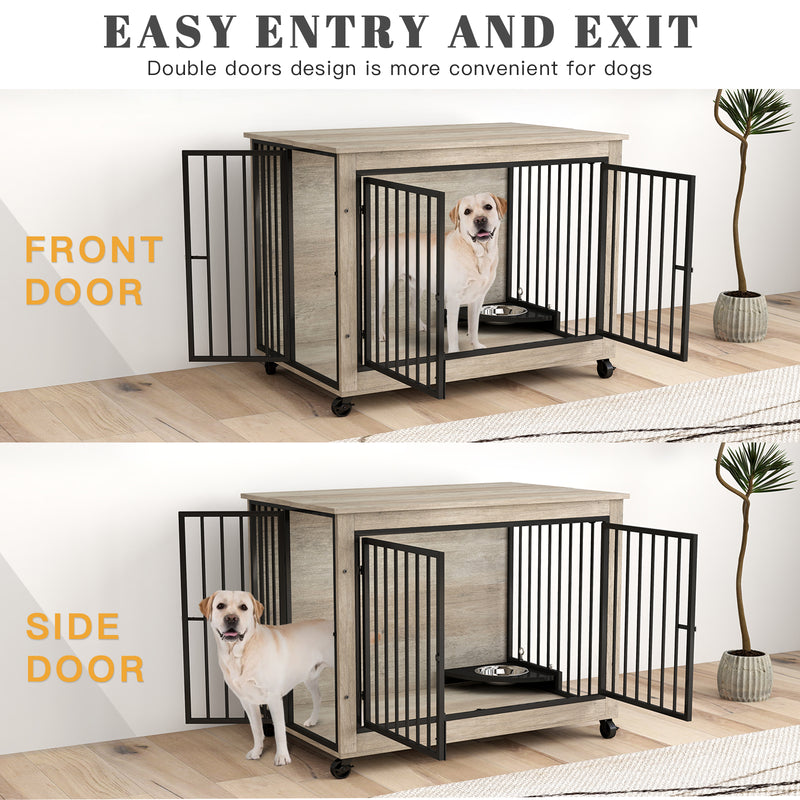 39inch Grey Furniture Dog Crate for Large Dogs with 180° Rotatable Bowl, Multi-Functional Dog Crate End Table with Wheels Flip-up Top Opening