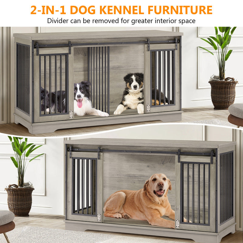 Grey 60.6 Inch 2-in-1 Two Dog Crate Double Dog Crate Furniture with Divider Sturdy Dog Kennel TV Stand with 2 Sliding Doors and Thick Iron Door Frame for 2 Dogs