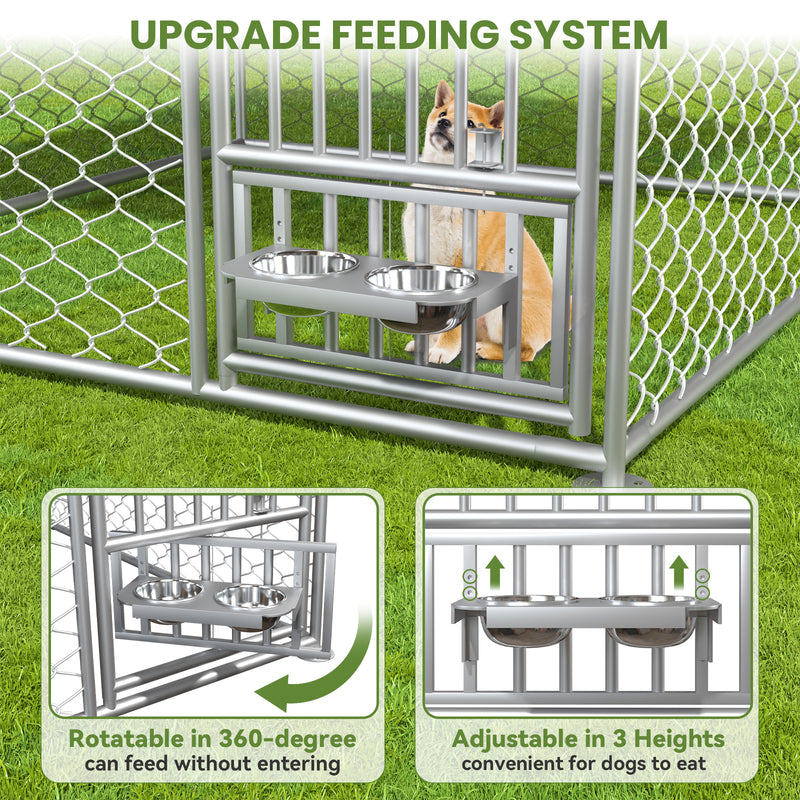 10x10 Dog Kennel Outdoor, Large Outdoor Dog Kennel with Roof, Dog Kennel Outside with Rotating Feeder Bowls, Covered Dog Outdoor Kennel for Large Medium Small Dogs