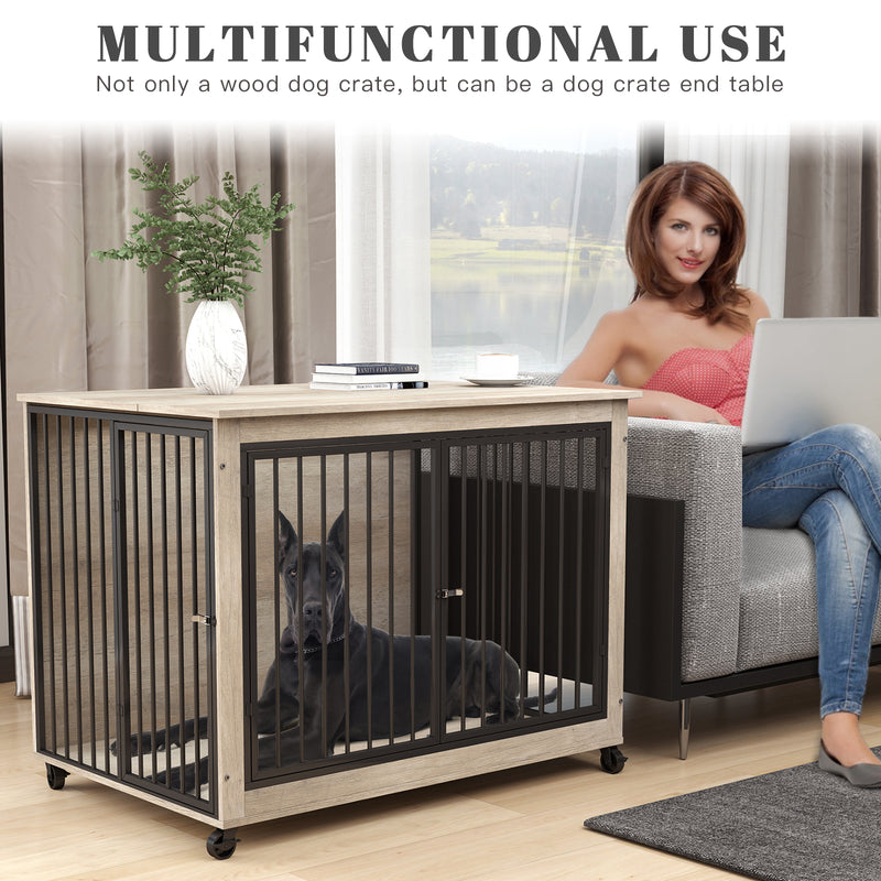 44inch Grey Furniture Dog Crate for Large Dogs with 180° Rotatable Bowl, Multi-Functional Dog Crate End Table with Wheels Flip-up Top Opening