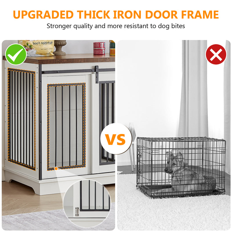 White  60.6 Inch 2-in-1 Two Dog Crate Double Dog Crate Furniture with Divider Sturdy Dog Kennel TV Stand with 2 Sliding Doors and Thick Iron Door Frame for 2 Dogs