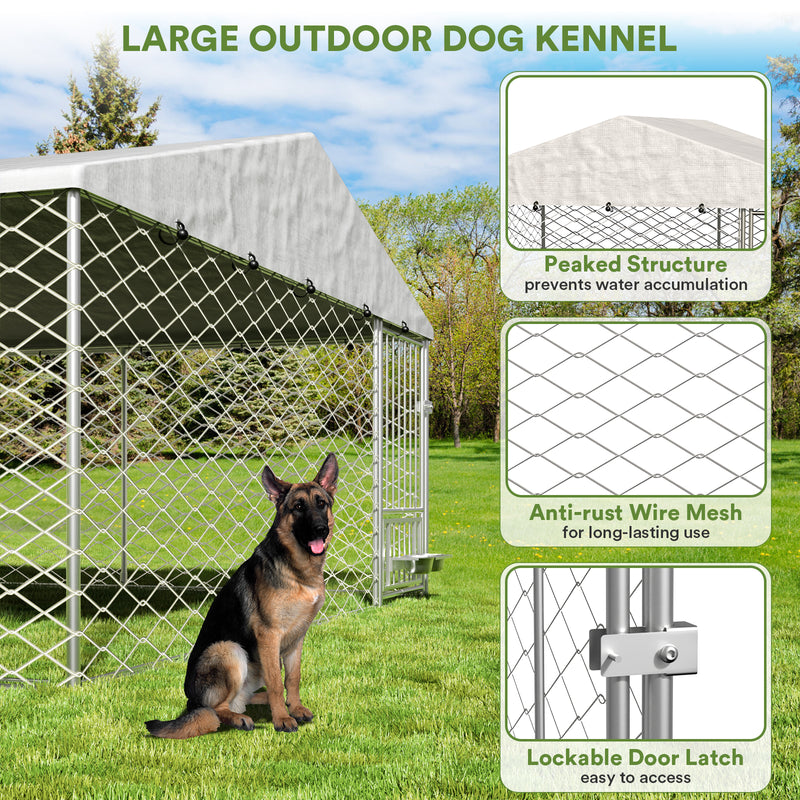 10x10 Dog Kennel Outdoor, Large Outdoor Dog Kennel with Roof, Dog Kennel Outside with Rotating Feeder Bowls, Covered Dog Outdoor Kennel for Large Medium Small Dogs