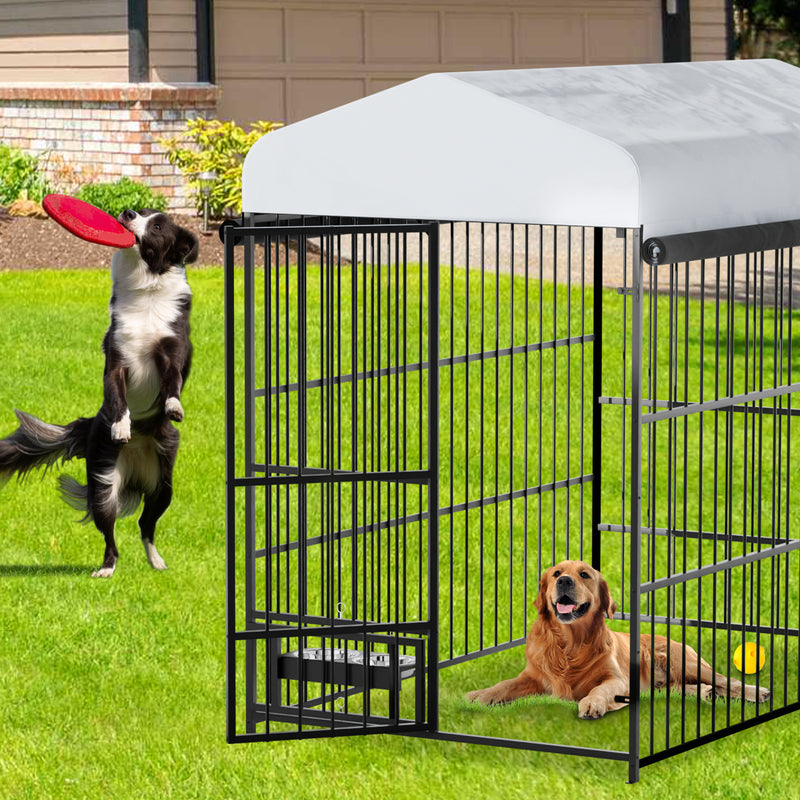 6.6 x 3.9 x 5.9 FT Large Dog Kennel Outdoor with Rotating Feeding Bowls, Outdoor Dog Kennel with Roof, Waterproof and Sun-proof Dog Kennel Outside, Covered Dog Outdoor Kennel