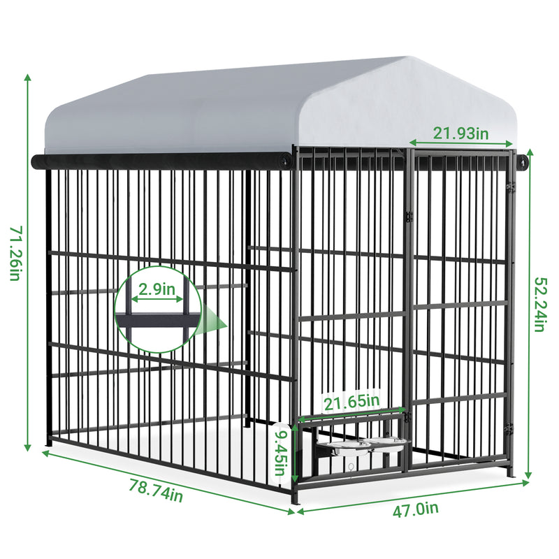 6.6 x 3.9 x 5.9 FT Large Dog Kennel Outdoor with Rotating Feeding Bowls, Outdoor Dog Kennel with Roof, Waterproof and Sun-proof Dog Kennel Outside, Covered Dog Outdoor Kennel