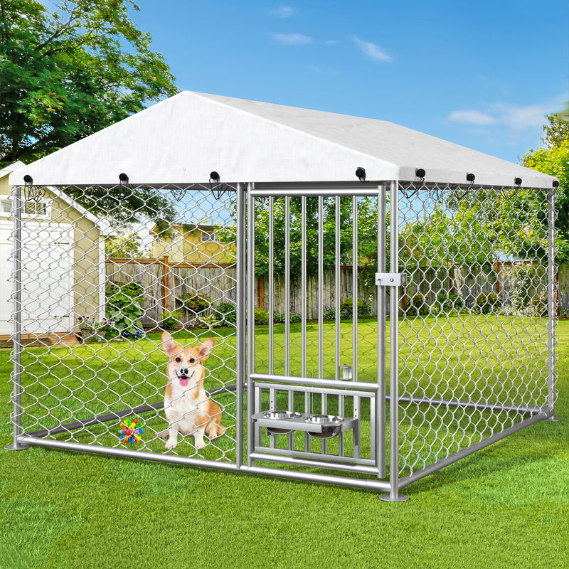 6.7' x 6.7' x 5' Outdoor Dog Kennel with Roof, Outside Dog Kennel with UV-Resistant & Waterproof Cover, Dog Kennel Outside with Rotating Feeding Bowls, Covered Outdoor Kennel for Dogs