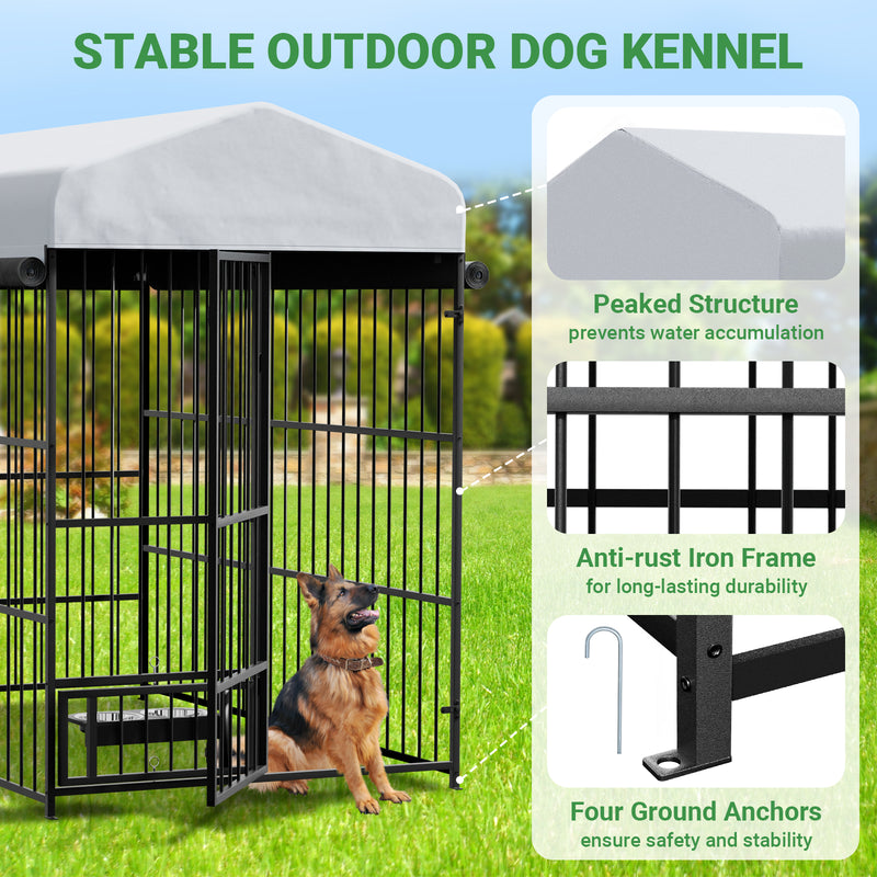 6.6 x 3.9 x 5.9 FT Large Dog Kennel Outdoor with Rotating Feeding Bowls, Outdoor Dog Kennel with Roof, Waterproof and Sun-proof Dog Kennel Outside, Covered Dog Outdoor Kennel