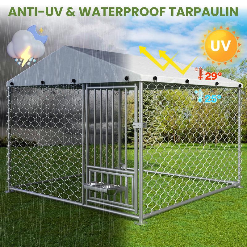 6.7' x 6.7' x 5' Outdoor Dog Kennel with Roof, Outside Dog Kennel with UV-Resistant & Waterproof Cover, Dog Kennel Outside with Rotating Feeding Bowls, Covered Outdoor Kennel for Dogs