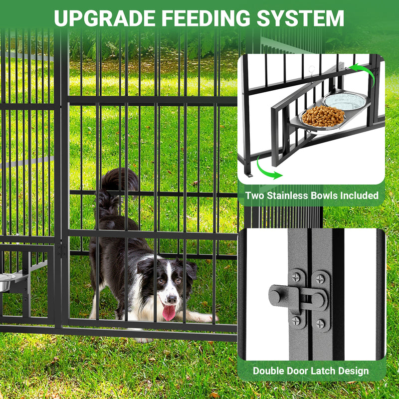 6.6 x 3.9 x 5.9 FT Large Dog Kennel Outdoor with Rotating Feeding Bowls, Outdoor Dog Kennel with Roof, Waterproof and Sun-proof Dog Kennel Outside, Covered Dog Outdoor Kennel