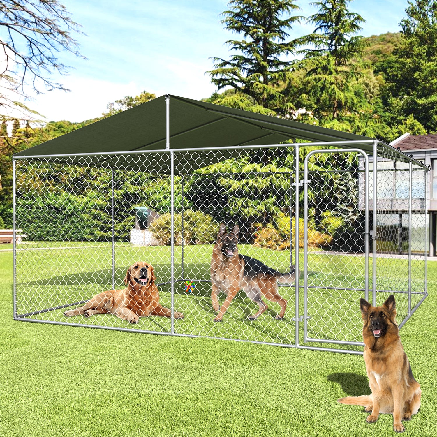 13x13 Extra Large Outdoor Dog Kennel, Dog Kennel Outside with Roof, Heavy Duty Dog Run Fence with Anti-UV & Waterproof Cover and Lockable Door, Covered Dog Playpen for Large Dogs