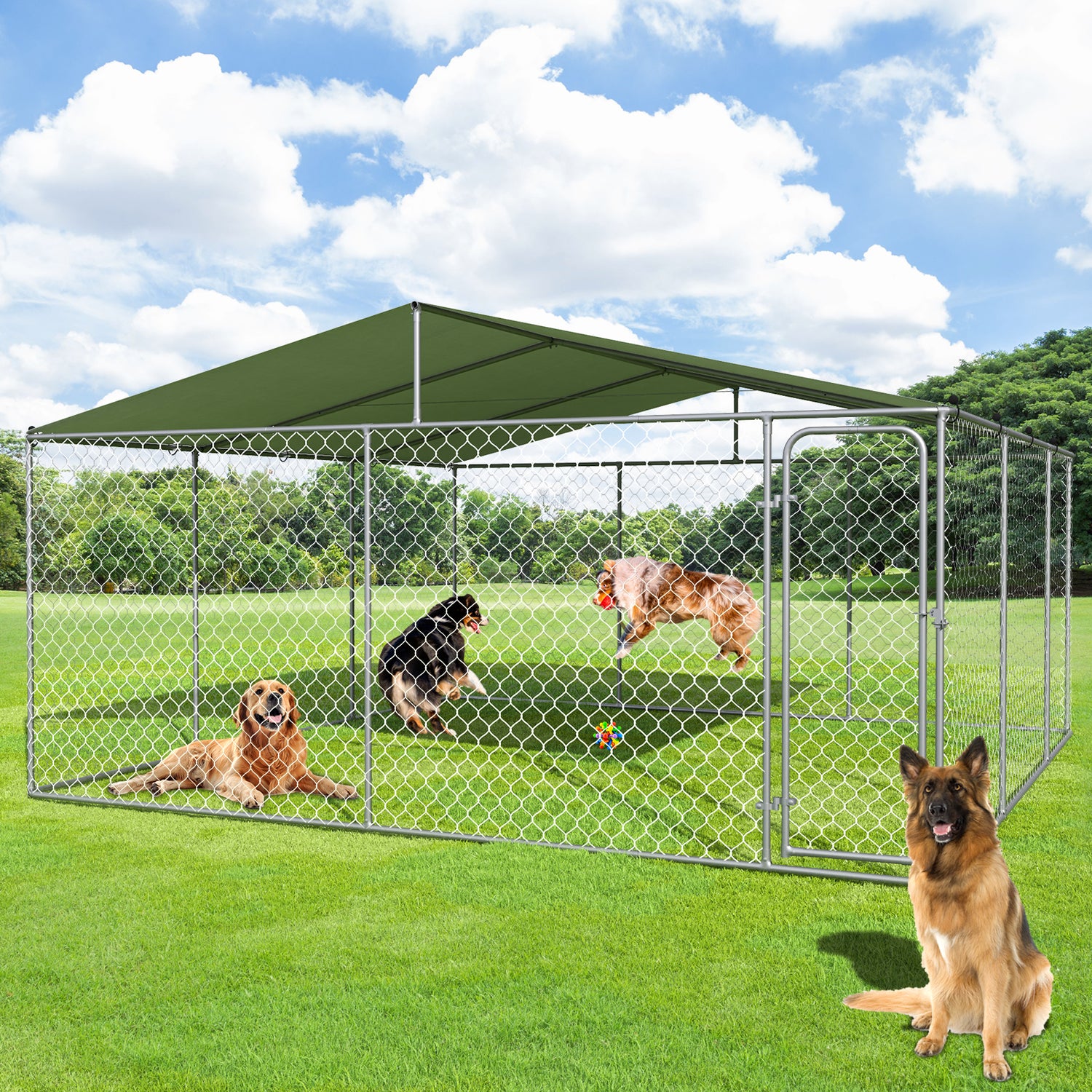 15x15 FT Extra Large Outdoor Dog Kennel, Outside Dog Kennel with Roof, Heavy Duty Dog Run Fence with Anti-UV & Waterproof Cover, Covered Dog Outdoor Kennel for Large Dogs