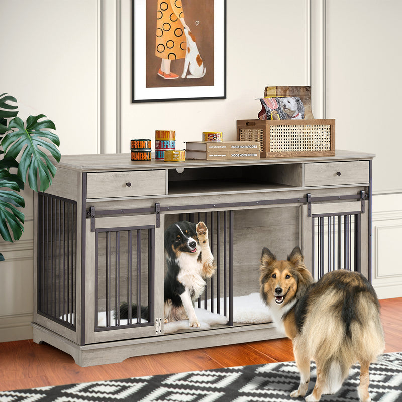 66 Inch Double Dog Crate Furniture with Storage, 3-in-1 Dog Crate TV Stand for 2 Dogs with Divider and 2 Drawers, Dog Kennel Indoor