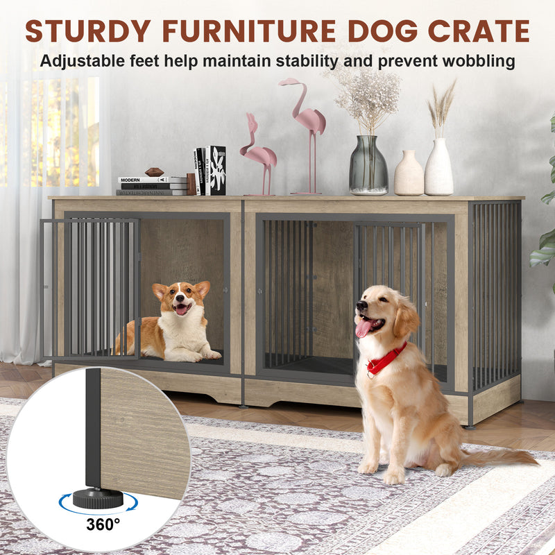 75 Inch Large Double Dog Crate Furniture for 2 Dogs Durable  3-in-1 Dog Crate TV Stand with Trays and Divider, Dog Kennel Indoor