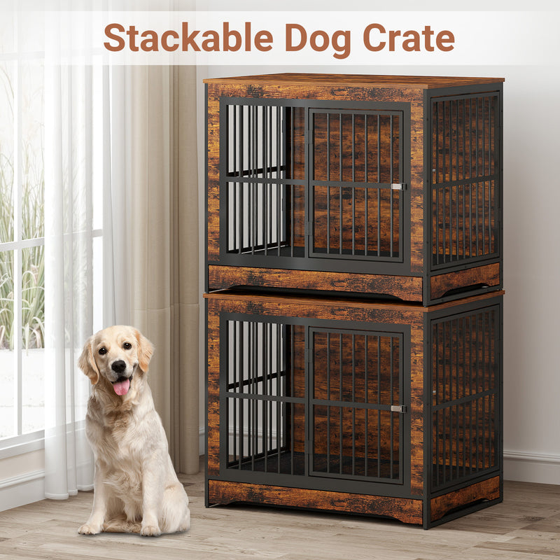 75 Inch Double Dog Crate Furniture with Divider, 4 Combination Forms Large Dog Kennel Furniture with Trays, Rustic Brown Corner Dog Kennel for Small Medium Large Dogs