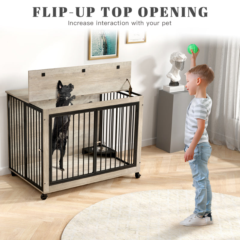 44inch Grey Furniture Dog Crate for Large Dogs with 180° Rotatable Bowl, Multi-Functional Dog Crate End Table with Wheels Flip-up Top Opening