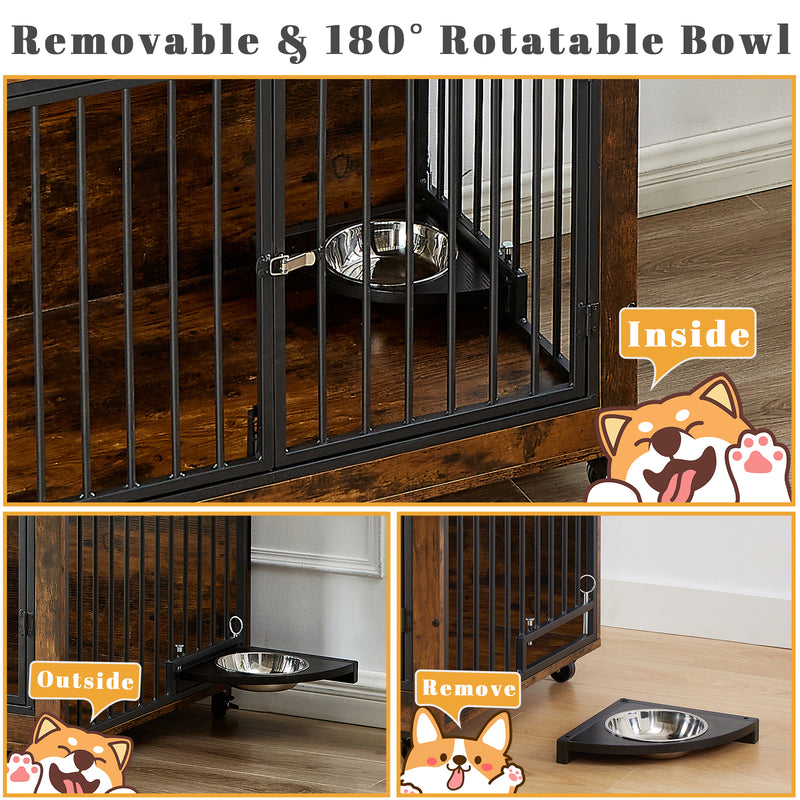 44inch Brown Furniture Dog Crate for Large Dogs with 180° Rotatable Bowl, Multi-Functional Dog Crate End Table with Wheels Flip-up Top Opening