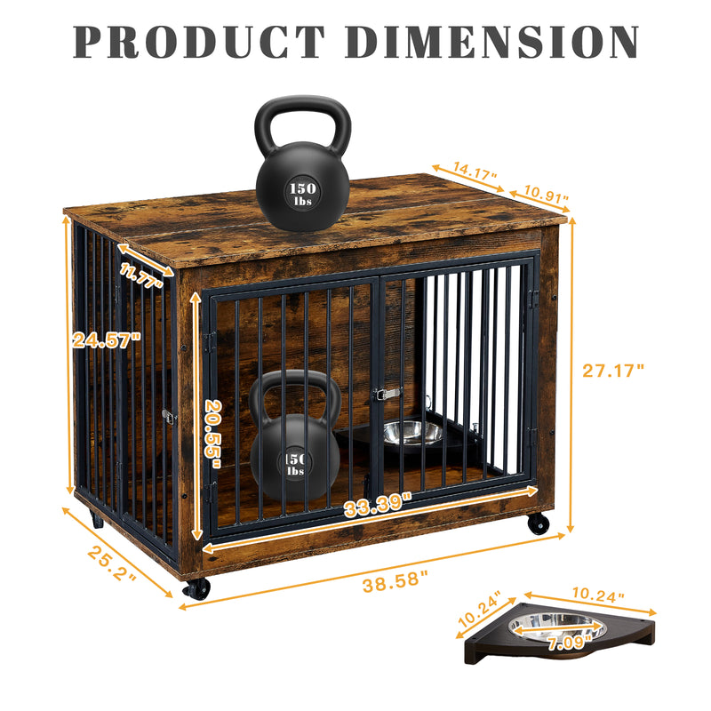 39inch Brown Furniture Dog Crate for Large Dogs with 180° Rotatable Bowl, Multi-Functional Dog Crate End Table with Wheels Flip-up Top Opening